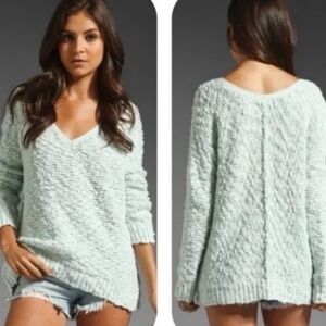 Free People Seafoam Mint Nubby Knit Songbird V-Neck Pullover Sweater Size S